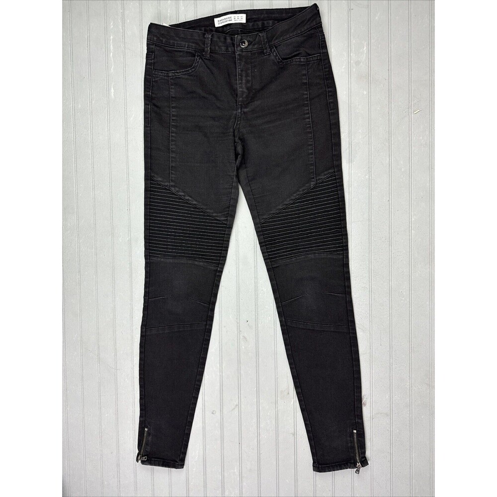 Zara Size 4 Womens Jeans Black Low Rise Skinny Stretch Zip Ankle